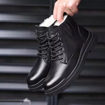 Ботинки зимние британские из натуральной кожи с флисовой подкладкой кожаные ботинки с хлопковой подкладкой мужские рабочие ботинки в стиле ретро с нескользящей подошвой 38 чёрный