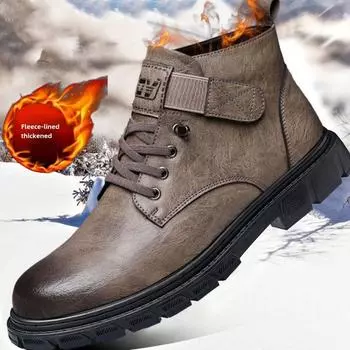 Ботинки Зимние мужские туфли Утепленные флисовые высокие повседневные кожаные туфли Универсальные трендовые деловые туфли для инструментов Теплые хлопковые туфли 39