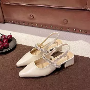 Ботоу стразы слово с сандалиями женский средний толстый каблук новые остроносые пустые одинарные туфли сандалии Мэри Джейн 35