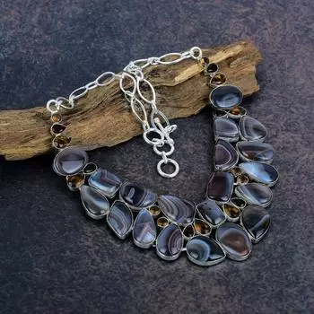 Ботсванский агат, цитрин ожерелье драгоценный камень ювелирные изделия, 925 цельное серебро ожерелье, цепочка ручной работы ожерелье подарок для жены ювелирные изделия Adjustable with 18 inches синий