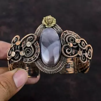 Ботсванский агат, драгоценный камень, браслет, медная проволока, браслет-манжета, регулируемый браслет, медный ювелирный подарок для мамы, браслет-манжета с цветком ручной работы