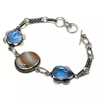Ботсванский агат, голубой топаз, драгоценный камень 925, посеребренный ювелирный браслет 6–8 дюймов