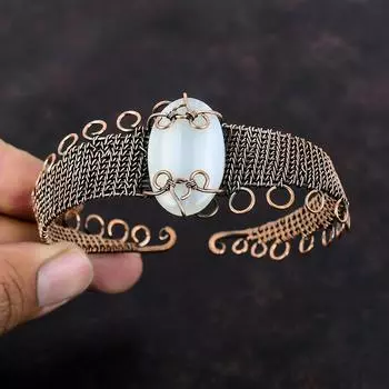 Ботсванский агатовый браслет, медная проволока, обернутая драгоценным камнем, браслет-манжета, регулируемый браслет, красивые медные ювелирные изделия, подарок для женщин, браслет ручной работы