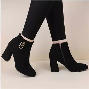 Bottes curtes en peluche pour femmes, bottes de rinage de neige, talon carr, talon haut, chaud, mode feminine, Solide, automne, hiver, 2022 34 чёрный