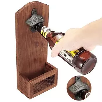Bottle Opener Wooden Wall Mounted Beer Bottle Opener with Cap Catcher Vintage Style for Kitchen Bar Yard Gift for Father Friends