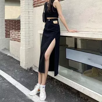 Bottoms Elegant Classic Woman Black Side Open Fork Female Summer Thin A Word Package Hip Mid-length Versatile Comfortable Fashion Denim Bustier Skirt S светло-синий