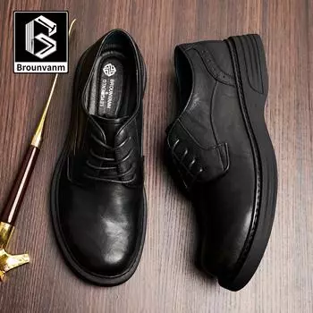 Боуэй Бизнес Низкие повседневные кожаные туфли Мужские дышащие туфли Круглые зеленые шнурованные кожаные модные мужские туфли с мягкой подошвой 38 чёрный