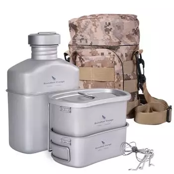 Boundless Voyage Titanium Military Canteen Titanium Canteen Meal Cooker Set Mess Kit Matte 3 Piece Set (400мл+750мл+1100мл Ti2049C)