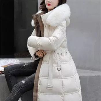 Bovotee длинные парки для женщин, осень-зима 2023, новые модные куртки с длинными рукавами, тонкие пуховые пальто с меховым воротником и капюшоном на молнии M бежевый