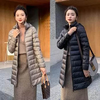 Bovotee длинный зимний пуховик женский новый модный винтажный парки с длинными рукавами и капюшоном шикарный повседневный тонкий однотонный пальто на молнии M