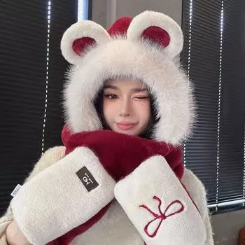 Мягкий шарф с бантом и перчатками, женский комплект из трех предметов, утолщенная теплая шапка One Size [Suitable for 56-59cm head circumference]