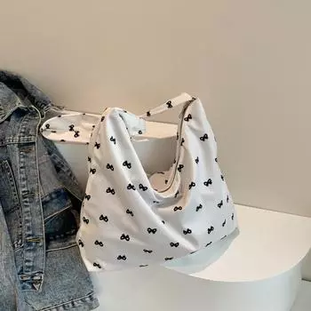 Bow canvas bag women s shoulder tote bag shopping bag foldable 2025 new fashion белый
