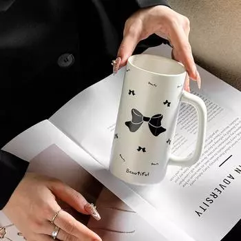 Bow Ceramic Straight Cup Office Gift Gift Cup for Best Friend with High Appearance Cup for Girls Household Water Cup 201-300ml