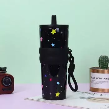 Bow Cherry Flower Print Vacuum Cup With Lifting Rope High-capacity Cup Car Cup 4 Black Star