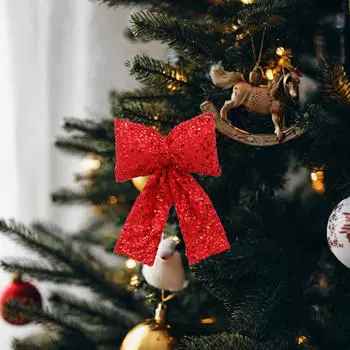 Bow Christmas Tree Decoration Glittering Wreath Xmas Decor for Wedding Living Room красный