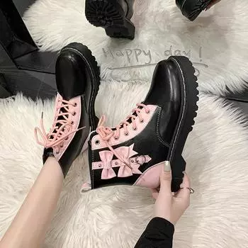 Bow color matching strap large size short boots 2024 winter new British style platform college sweet Martin boots women 35 розовый