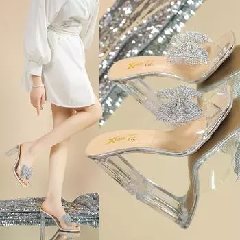Bow Fairy Wind Летние новые босоножки прозрачные сексуальные хрустальные на высоком каблуке верхняя одежда сетчатый красный толстый каблук удобные женские туфли 34 серебряный