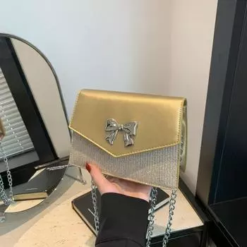 Bow fashion 2024 summer new solid color shoulder bag simple messenger bag foreign style gentle chain small square bag чёрный