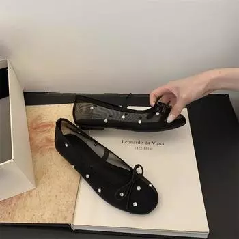 Bow fashionable soft-soled shoes temperament mesh round head shallow mouth single shoes lightweight Breathable flat shoes 35