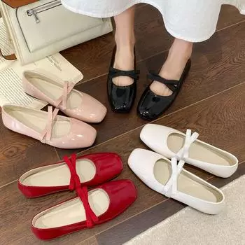 Bow flat bottom shallow mouth one pedal Mary Jane ballet shoes women s retro burgundy single shoes versatile spring and summer 35 чёрный