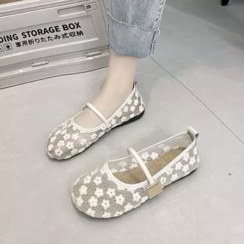 Bow flat bottom shallow mouth single shoes women s ladyshoes 2025 new summer mesh breathable Doudou shoes old Beijing cloth shoes 35