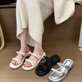 Bow flat slippers spring 2025 new fashion trend low heel silver beach sandals women s shoes 35 чёрный