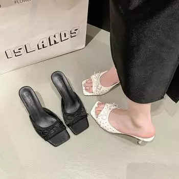 Bow floral sandals high-heeled slippers women s summer wear 2025 new stiletto sandals 35 белый