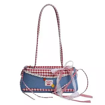 Bow French Stick Handbag Sweet Cloth Underarm Bags Shopping Plaid Shoulder Bag Travel