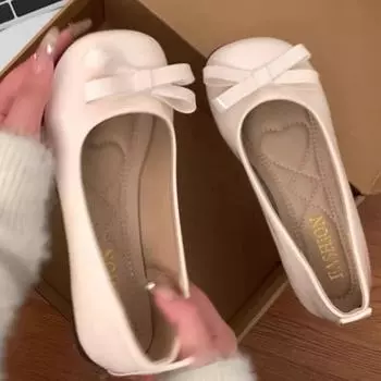 Bow Gentle Single Shoes Women s Soft Leather 2024 Spring and Summer New Flat Bottom Square Head Ladle Shoes Light Mouth Soft Sole Mary Jane Shoes 35