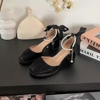 Bow high-heeled light-mouth single shoes women s spring and summer new thick-heeled pearl high-end Mary Jane shoes 34