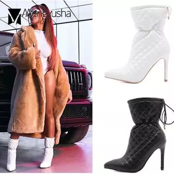 Bow-Knot elastic lace up chelsea boots winter shoes checkered mid-calf botines mujer pointed toe stiletto high heels botas 5 чёрный