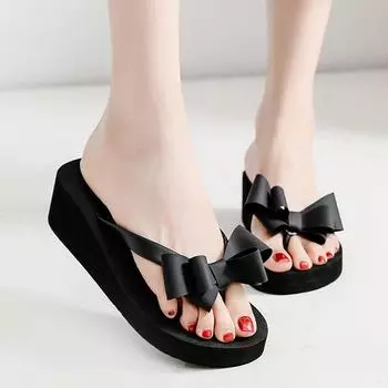 Bow knot thick sole slope heel herringbone slippers for women 2024 new fashionable and versatile casual beach sandals 36 чёрный