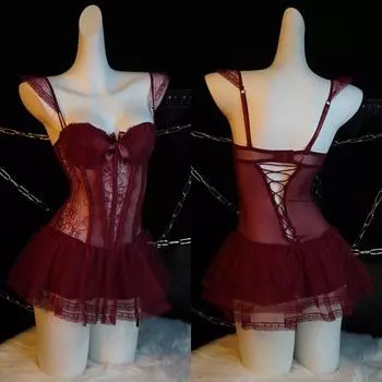 Bow Lace Nightgown Mesh Lace Sling Nightdress Slim Fit Women Lingerie Home