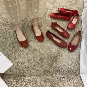 Bow light mouth flat bottom small red single shoes women s shoes 2024 new spring and autumn wedding shoes ballet spring and autumn shoes 35