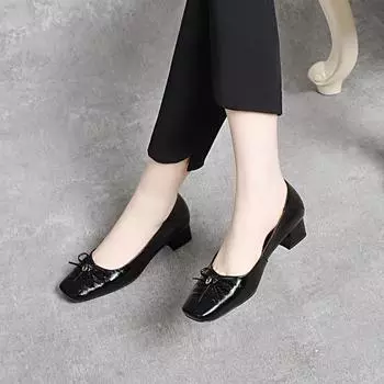 Bow light mouth single shoes simple temperament new middle heel women s shoes first layer cowhide four seasons small leather shoes 34