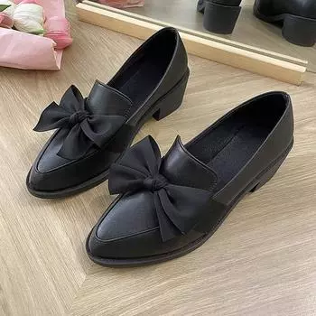 Bow Loafer Shoes Women 2024 Spring and Autumn New Thick Sole Mid-heel Lazy British Style Retro Small Leather Shoes 35