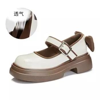 Bow Mary Jane shoes women s 2025 spring new thick heel shallow mouth small fragrant single shoes women s round head buckle women s shoes 35