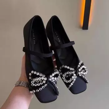 Bow Mary Jane Women Sandals Loafers Crystal Shoes Luxury Summer Flats Casual Slippers Square Toe Designer Woman Walking Zapatos 38 серый