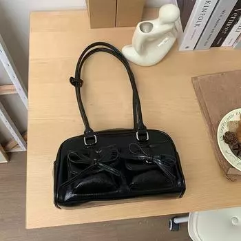 Bow One-shoulder Underarm Bag for Women New Black Textured Hand-held Bowling Bag Fashionable Commuting Bag