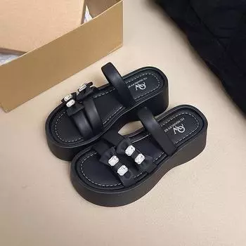 Bow outer wear one-word drag women s new summer thick-bottomed rhinestone muffin with cool slippers 35