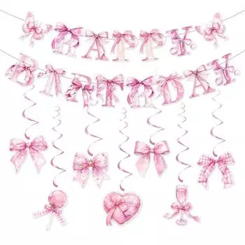 Bow Party Birthday Banner Girl s Birthday Pink Bow Spiral Pendant