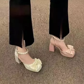 Bow pearl bag head sandals female 2025 summer new ins with skirt versatile fairy high heel Roman shoes 35