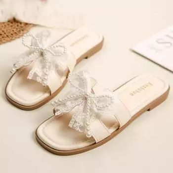 Bow pearl slippers women s summer new flat bottom square head one word cool slippers 35