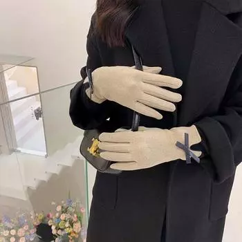 Bow Plus Velvet Elastic Suede Leather Mittens Gloves Female Gloves Full Finger Gloves чёрный