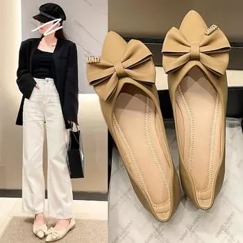 Bow pointed single shoes women s flat shoes 2025 spring new soft-soled shallow mouth laden shoes women s temperament versatile women s shoes 35 чёрный