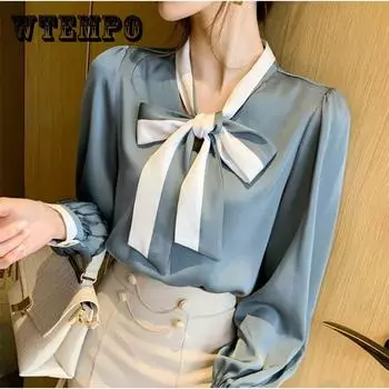 Bow Professional OL Shirt Женская верхняя шифоновая рубашка с длинными рукавами S синий