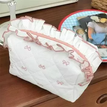 Bow Quilting Makeup Bag Cute Cosmetic Handbag Portable Toiletry Storage Bag with Zipper Large Capacity Cosmetic Pouch S 16.5x8.5x8cm чёрный