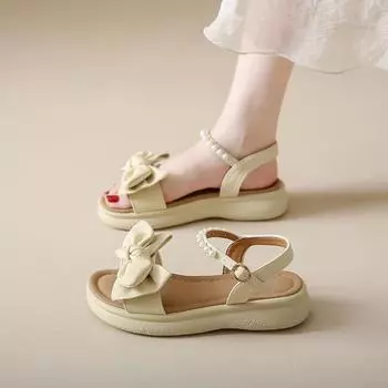 Bow sandals new children s summer soft sole pearl princess shoes older children and girls summer 35 бежевый