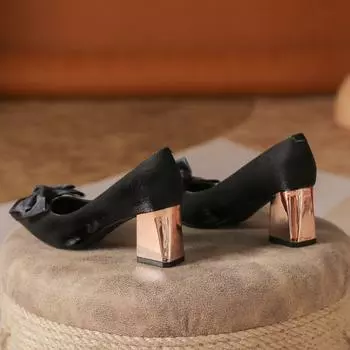 Bow Satin Temperament Banquet Lady with Skirt Thick Heel Pointed Heels High Heels 34