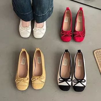 Bow shallow mouth single shoes female spring and summer 2025 new square head soft sole fairy wind wear ballet single shoes tide 35 бежевый
